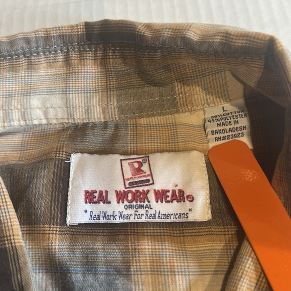 Real Work Wear Plaid Brown light brown blue Men's Shirt pearl snap buttons sz L - Picture 6 of 9